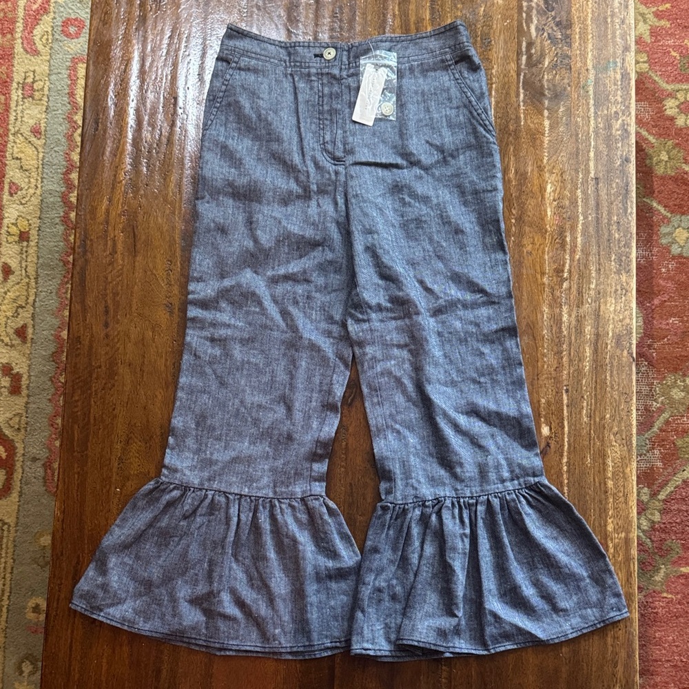 Anthropologie Blue Ruffled Capris